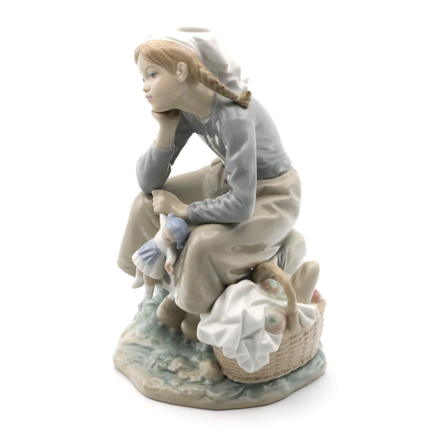 Lladro Sitzendes Mädchen Mit Puppe, Porzellan, Handbemalt, Vintage Keramik Sammlerfigurine